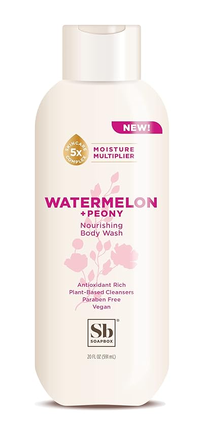 Soapbox Body Wash, Watermelon + Peony Body Wash for Women, Men, Vegan & Antioxidant Rich, Exfoliating, Moisturizing Soap with Shea Butter, Peptides & Keratin Promoting B3, 3 Pack, 20oz Each