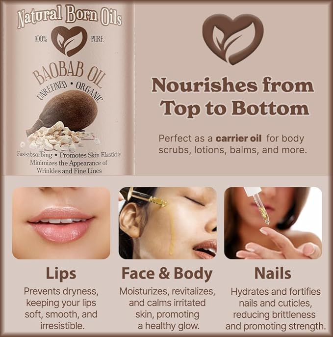 Natural Born Oils 4oz Baobab Oil, 100% Pure and Natural, Organic, Cold-pressed, Unrefined, Non-comedogenic, Moisturizing, Includes Pump & Dropper