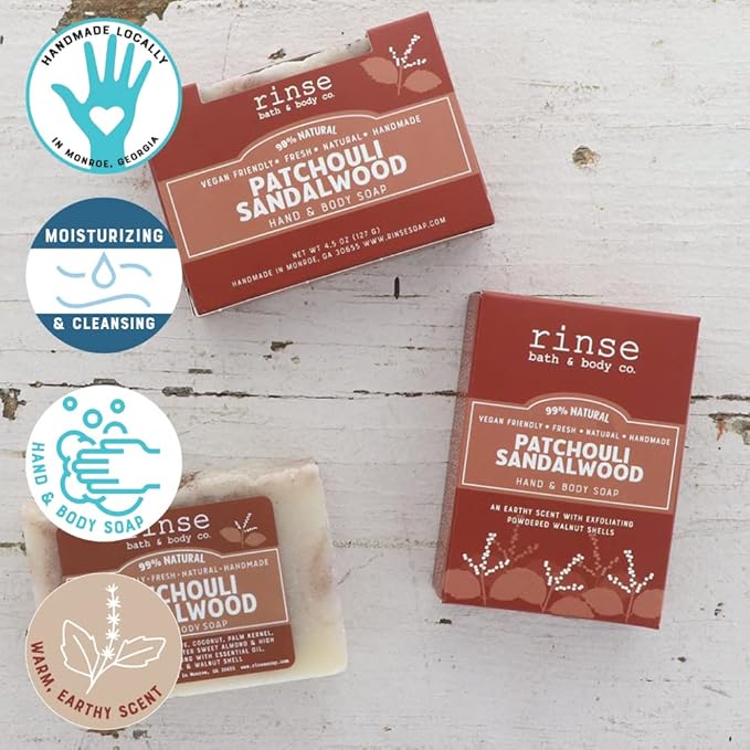 Rinse Bath & Body Patchouli and Sandalwood Soap - Handmade Castile Patchouli Soap w/Essential Oils | Moisturizing & Cleansing | Shea & Cocoa Butter with Sweet Almond Oil | Natural | Vegan | 4.25oz