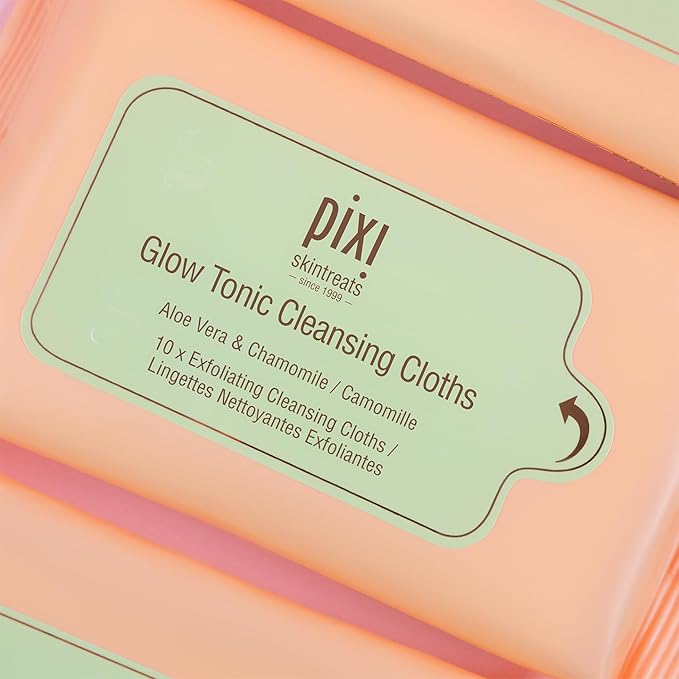 Pixi Beauty Glow Tonic Cleansing Cloths | Cleansing, Exfoliating, and Hydrating Disposable Face Towelettes | 3 Packs of 10 Face Wipes (30 Wipes Total)