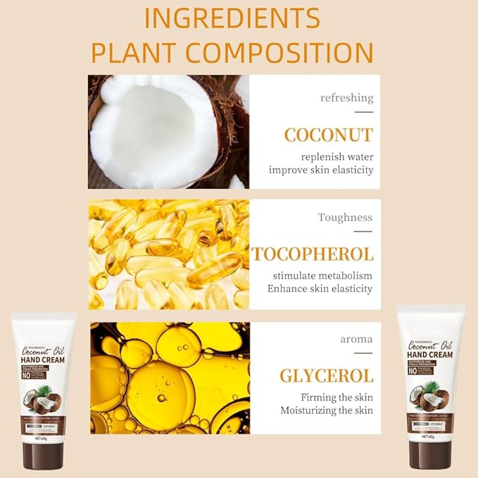 Gropse Coconut Hand Cream, Moisturizing Coconut Oil Hand Cream for Hands Aging Dry Cracked Hand Lotion for Women Men Provides Rich Moisture & Promotes Radiant Looking Skin -2.1oz