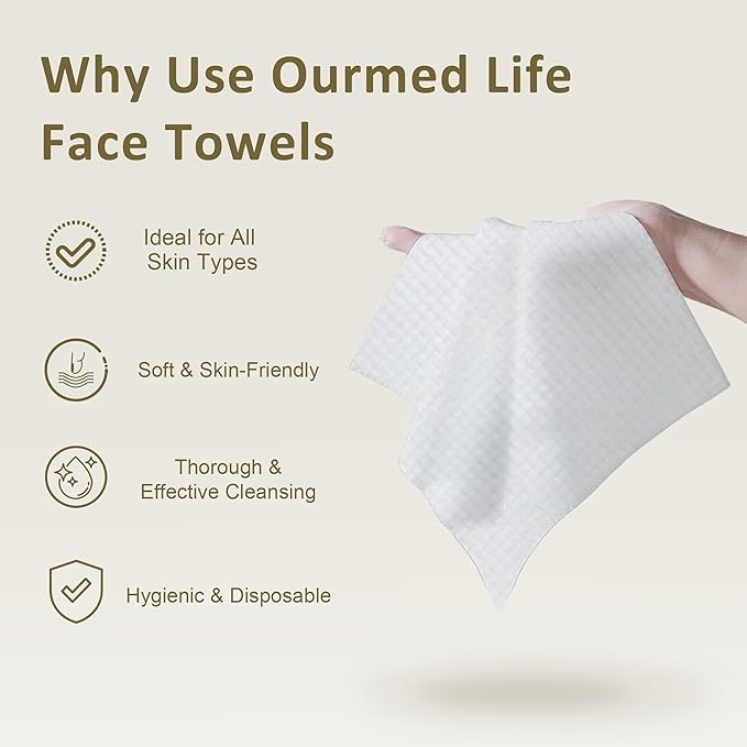 Ourmed Life Disposable Face Towel | 150 Count Lint-Free Biodegradable Clean Towels | Dry Makeup Remover Wipes | Super Soft & Thick for Sensitive Skin | 10-Inch X 12-Inch Extra Large Size | Pack of 3
