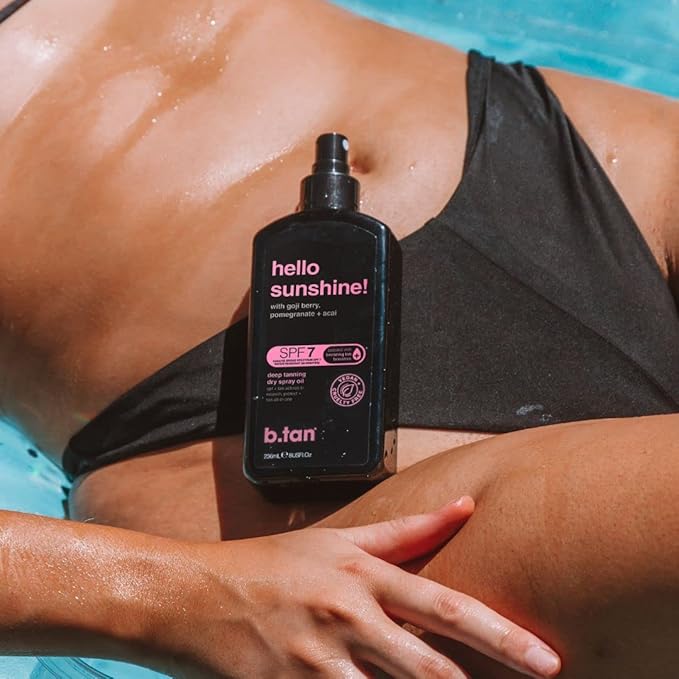 b.tan SPF 7 Tanning Oil | Hello Sunshine - Deep Suntan Dry Spray, Best Outdoor Browning Body Mist, Packed with Moisturizing Goji Berry, Pomegranate + Açai, Austrailian Brand, 8 Fl Oz
