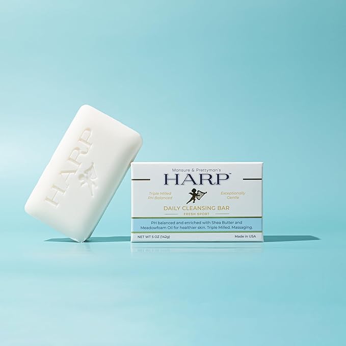 HARP pH-Balanced (5.0-6.0) Body Wash Bar. ZERO saponified oils. Protects Moisture Barrier. Gentle for Sensitive/Dry skin. + Shea Butter/Borage Oil. Non-Comedogenic. FRESH SPORT Fragrance. 5oz