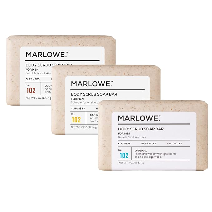 MARLOWE. No. 102 Men's Body Scrub Soap 7oz (Variety Trio) Best Exfoliating Body Soap Bars for Men, Made with Natural Ingredients, Green Tea Extract, Features 3 Amazing Scents