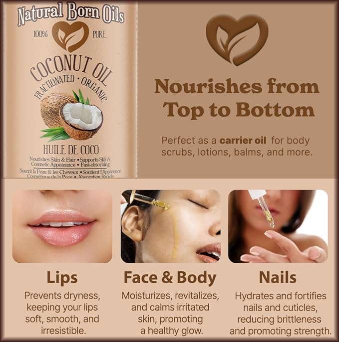 Coconut Oil Fractionated, 8oz, Organic, Cold-Pressed, Non-Greasy, Skin Moisturizer, Hair Shine Enhancer, Natural Born Oils.