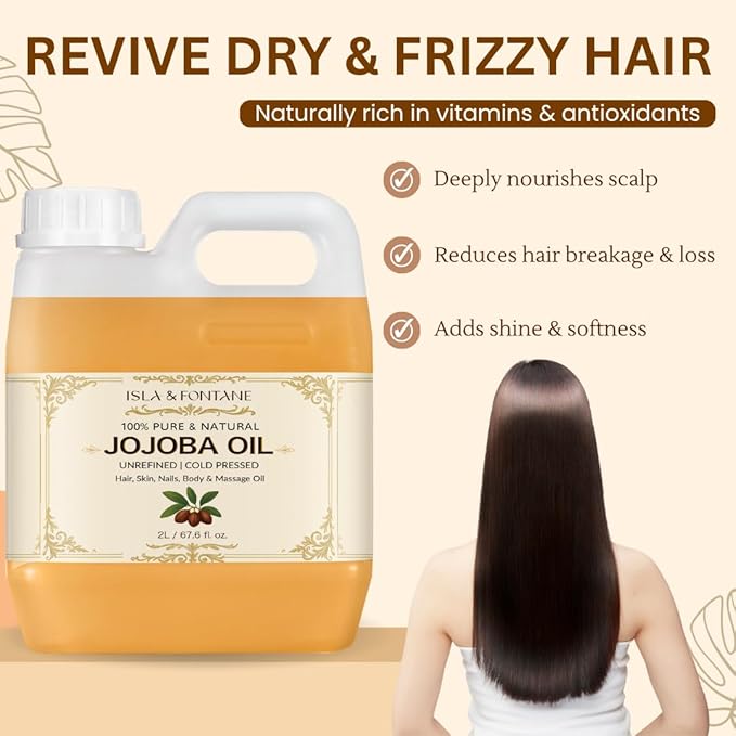 ISLA & FONTANE Jojoba Oil Set – 2L/67.6 Fl Oz | 100% Pure & Natural | Golden, Unrefined, Cold Pressed | 2 Dropper Bottles & Beauty Massager | Hexane-Free Carrier Oil for Skin, Hair, Face, Nails & Body