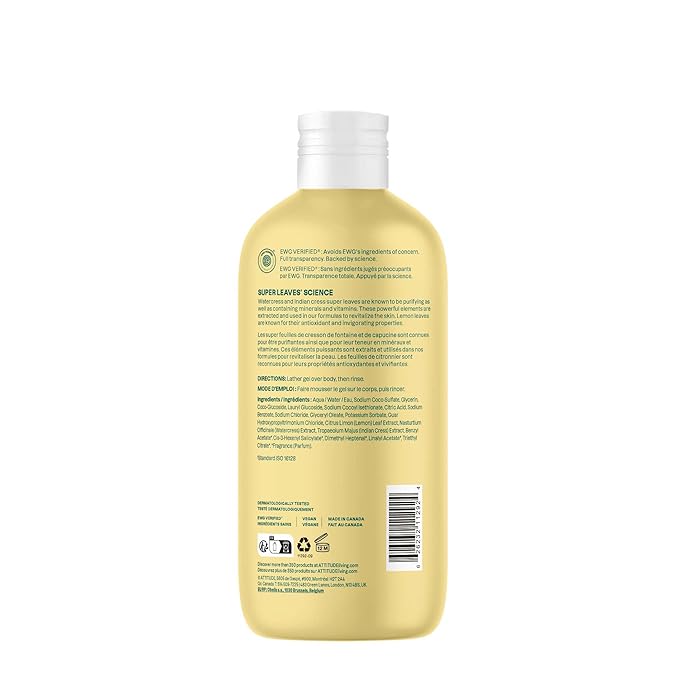 ATTITUDE Body Wash, EWG Verified Shower Gel, Dermatologically Tested, Plant and Mineral-Based, Vegan Personal Care Products, Lemon Leaves, 16 Fl Oz