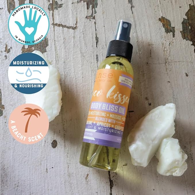 Rinse Bath & Body Coco Kissed Body Oil Moisturizer Spray - Natural, Light & Fast Absorbing | Squalane, Grapeseed & Apricot Oil | All Skin Types | Shower & Massage | Vitamin E | Handmade | 4floz