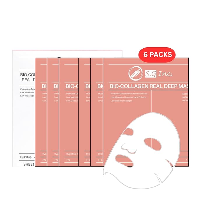 SG Bio- Collagen Real Deep Mask – Overnight Hydrating Collagen Face Masks Skincare| Anti-Wrinkle,Firming,Pore Minimizing,Elasticity Enhancing | Hydrogel Sheet Mask for All Skin Type. (34g x 6-Pack)