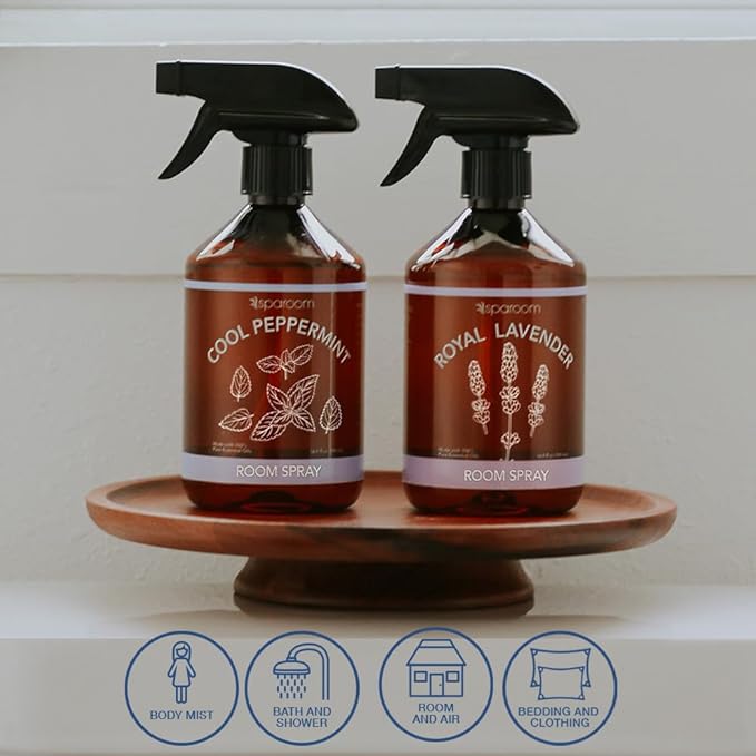 SpaRoom Linen Spray 2-Pack Combo – Cool Peppermint & Royal Lavender Aromatherapy Set with Essential Oils, Mist for Bedding, Linens, and Home – 2 x 16.9 oz Variety Pack
