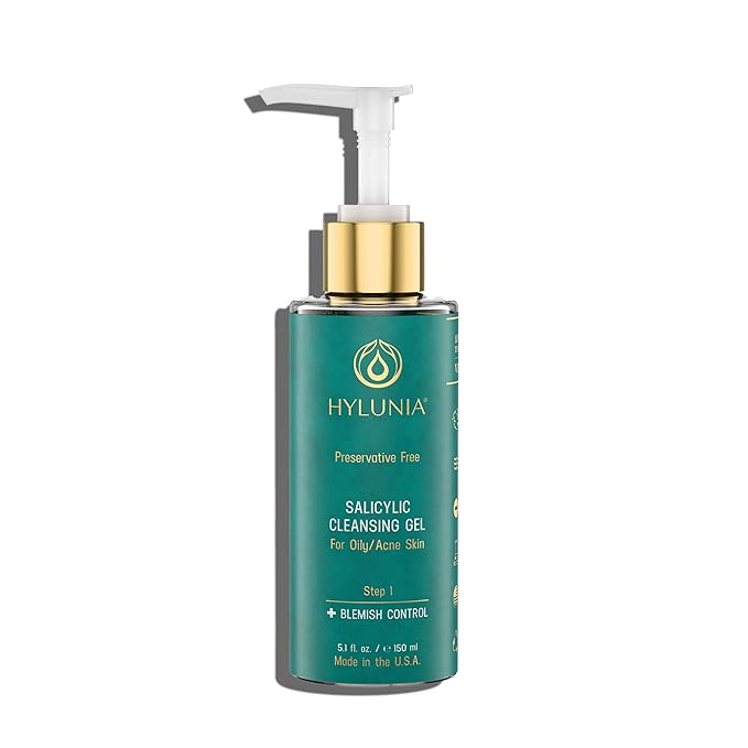 Hylunia Skincare Salicylic Facial Cleansing Gel โ Deep Pore Cleanser for Oily & Acne-Prone Skin, Exfoliates, Minimizes Blackheads & Breakouts, Hydrates, Brightens Complexion, 5.1 fl. oz.