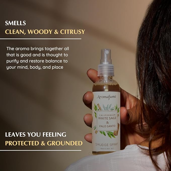 Aromafume White Sage & Palo Santo Smudge Spray 100ml/3.3 oz | Sage Spray for Cleansing Negative Energy & Protection | Non-Toxic | Room Spray for Spiritual Cleansing, Smokeless Sage Smudging