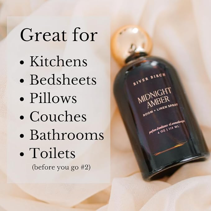 River Birch Luxury Linen and Room Spray - Midnight Amber Home Signature Scent - Room Fragrance Spray - Fragrant Fresh Linen Air Freshener - Handmade in Texas - 4 oz Glass Amber Gold Top