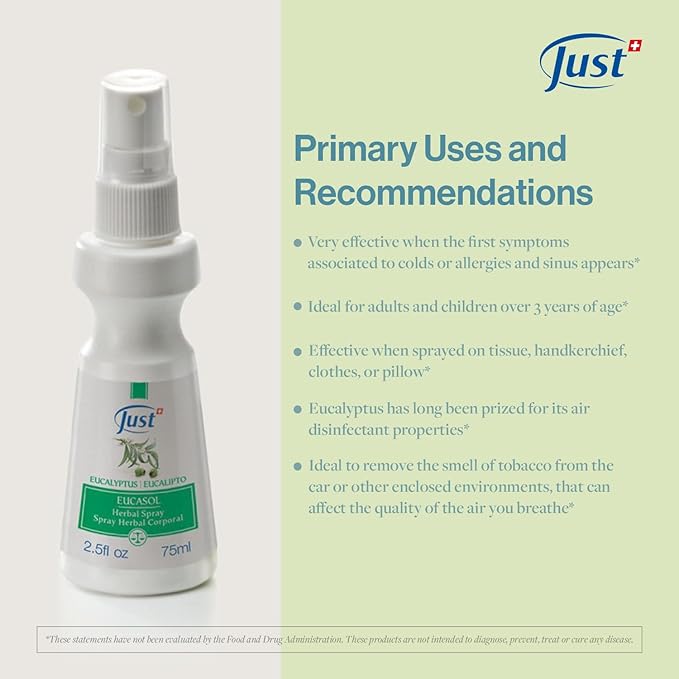 Eucasol Spray 75ml. Enriched With Eucalyptus Essential Oil. Alternative Room, Pillow Or Fabric Spray. Eucalyptus Spray by Swiss Just