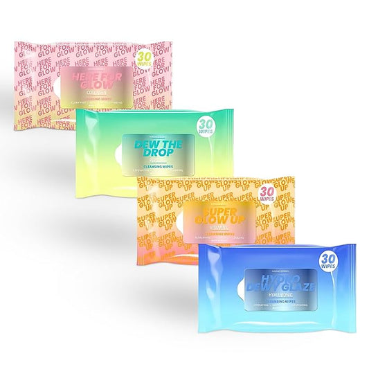 Vitamin C, Collagen, Peptides & Hyaluronic Acid Facial Wipes - Dermatologist Tested, Anti-Aging, Korean Skin Care, Brightening & Hydrating - Gentle, Vegan, 95% Natural- 4 Pack