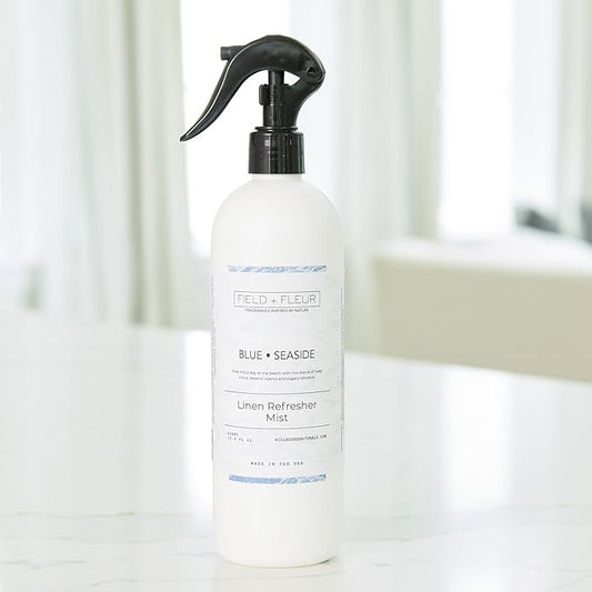 Field + Fleur by Hillhouse Naturals Blue Seaside Linen Refresher Mist 15.5oz - Fresh Home Fragrance Spray for Bedding, Sofas & Clothes - Citrus, Oceanic Notes & Sugary Coconut - Made in the USA