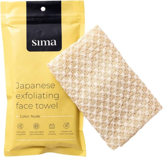 Exfoliating Washcloth Face & Body Scrub Towel - Japanese Exfoliating Towel with Hexagon Fibers, Body Scrubber with 2 Sides for Scrubbing & Washing (Nude, 27cm x 35cm)