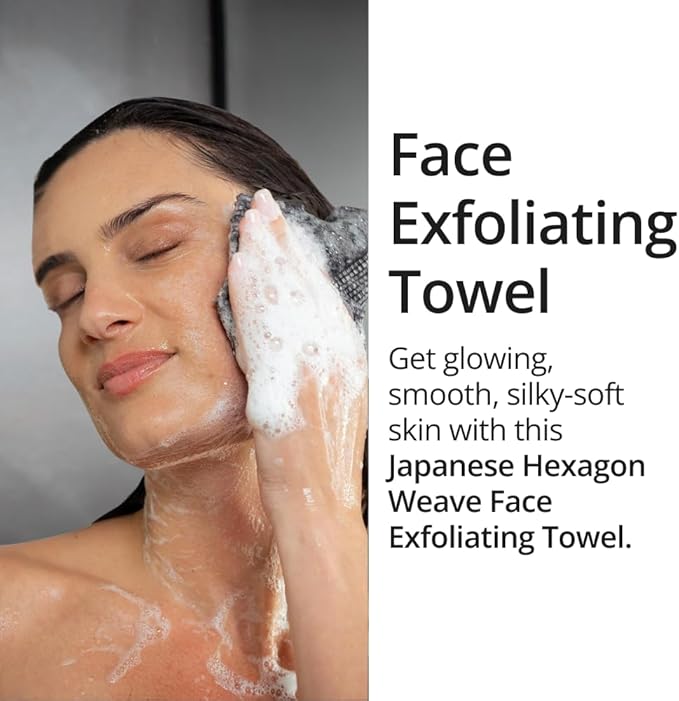 Exfoliating Washcloth Face & Body Scrub Towel - Japanese Exfoliating Towel with Hexagon Fibers, Body Scrubber with 2 Sides for Scrubbing & Washing (Black, 27cm x 35cm)