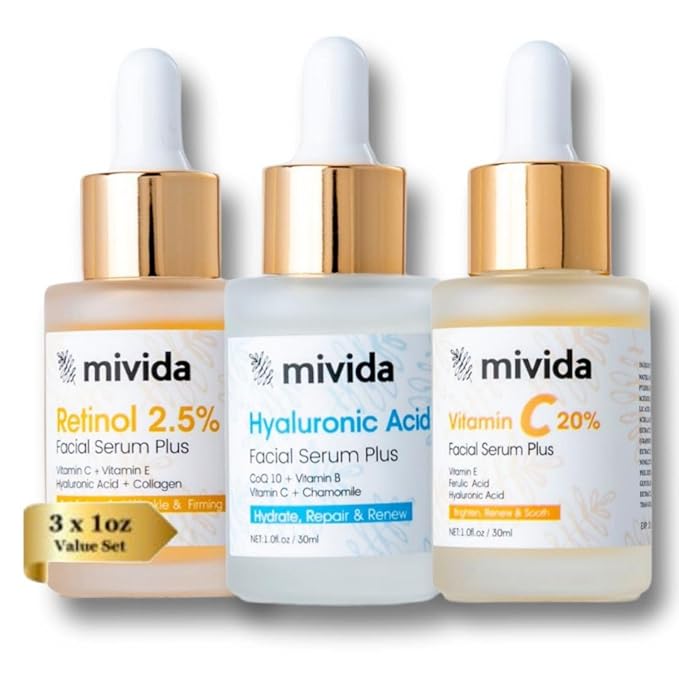 Mivida Anti-Aging Serum Trio| 20% Vitamin C + Hyaluronic Acid + 2.5% Retinol Serums For Face | Brightening, Firming & Hydrating Skincare Set | Reduces Wrinkles, Fine Lines & Dark Spots, 3x1floz