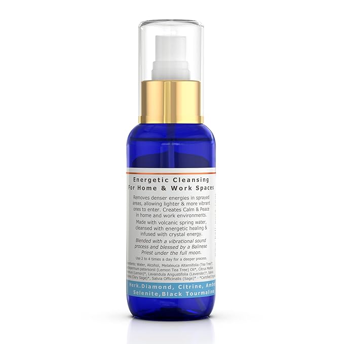 BALIPURA - Space Clearing Healing Aura Crystal Spray - Black Tourmaline & Selenite Crystals - Tea Tree, Lavender & Clary Sage Organic Essential Oils Blends - Handmade in Bali - 3.4 fl.oz