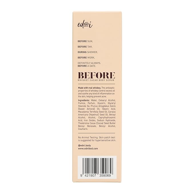 BEFORE Whiskey Cacao Body Scrub, Dry Skin Exfoliator with Nourishing Oils, Gently Removes Dead Skin, Softens & Smooths, 5.07 oz