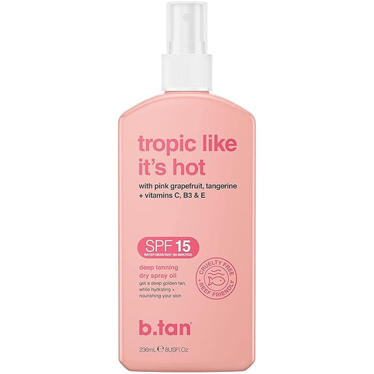 b.tan SPF 15 Deep Tanning Oil Dry Spray | Tropic Like It's Hot - Best, Best Outdoor Bronzing Mist, Moisturizing Grapefruit, Tangerine, Vitamins C, B3, & A, Austrailian Brand, 8 Fl Oz