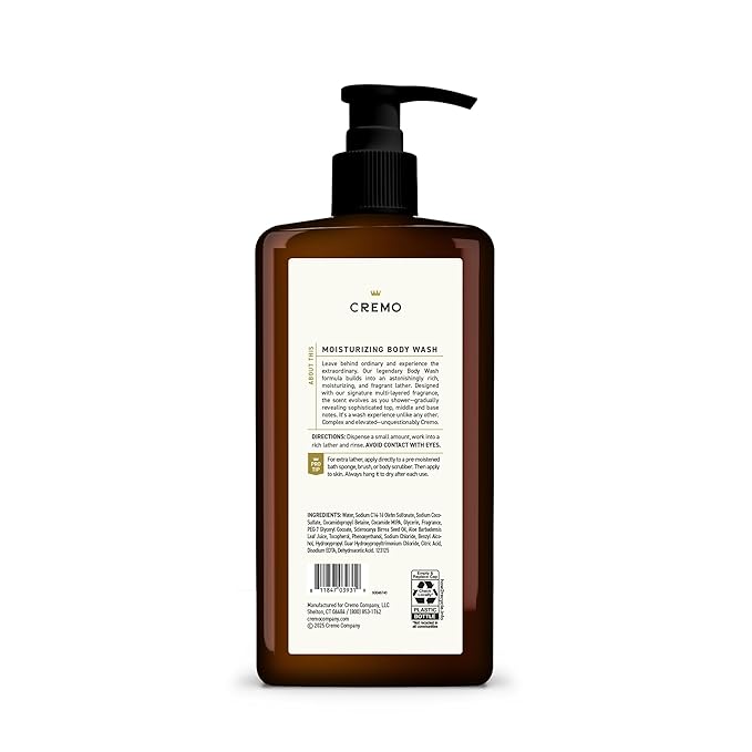 Cremo Rich-Lathering Bourbon & Oak Body Wash for Men, Notes of Distillers Spice, Fine Bourbon and White Oak, 32 Fl Oz