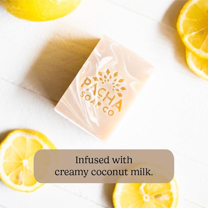Pacha Soap Co. Bar Soap, Coconut Lemon, 3-Pack (4 oz ea) - Premium, Handcrafted, Hydrating, Natural Face Wash, Hand Cleanser, Body Wash, Soothing Essential Oils