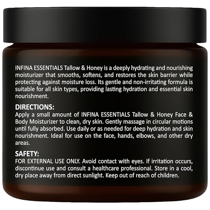 Beef Tallow for Skin with Honey - Grass Fed Beef Tallow for Face Wrinkles - Hydrating Cream Face and Body Moisturizer with Raw Honey and Olive Oil for Dry Skin, Hands, Feet - 4.4 oz