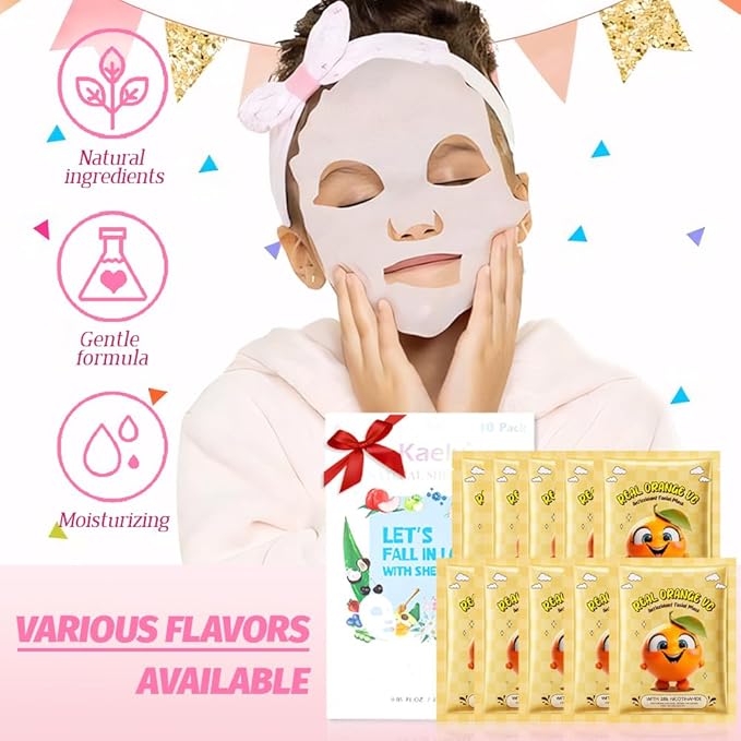 Kaely 10 Pack Orange Face Masks for Kids, Kids Face Mask Spa Day Kit Supplies, Spa Party Favors for Teens Girls Women, Sheet Facial Mask Skincare Gifts Set, Moisturize Soothe for All Skin Types, 05