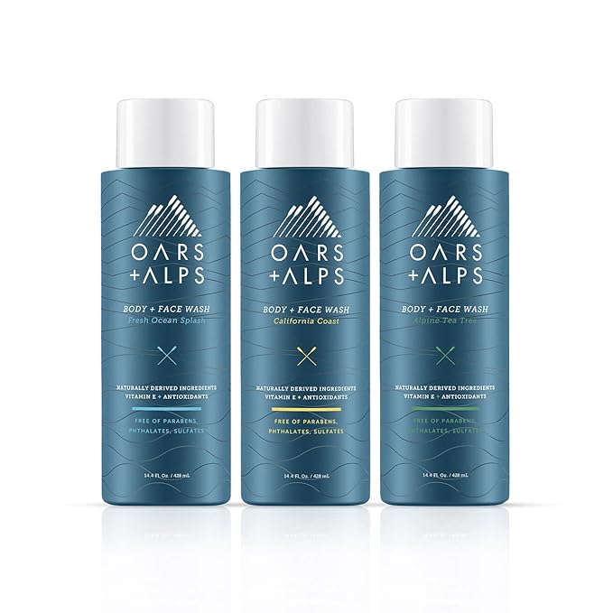 Oars + Alps Men's Moisturizing Body and Face Wash, Skin Care Infused with Vitamin E and Antioxidants, Sulfate Free, Variety, 3 Pack