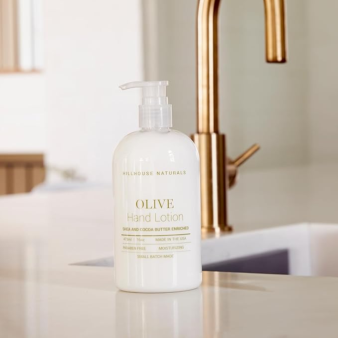 Hillhouse Naturals 16oz Olive Hand Lotion. With scents of Gorjum Balsam, Cedarwood, Rosemary, Patchouli and Olibanum. Made in the USA
