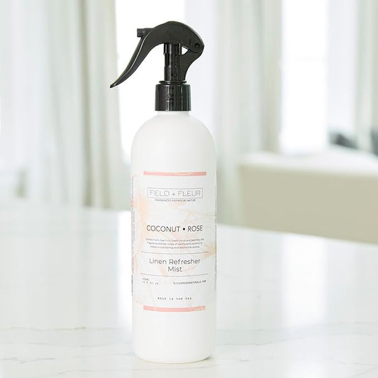 Field + Fleur by Hillhouse Naturals Coconut Rose Linen Refresher Mist 15.5oz - Fresh Home Fragrance Spray for Bedding, Sofas & Clothes - Coconut, Vanilla, Jasmine & Citrus - Made in the USA