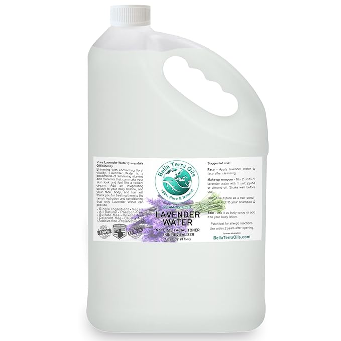 Bella Terra Oils Premium Lavender Water Hydrosol – 1 gallon, Steam Distilled, Refreshing Skin Tonic, Soothing Aroma, Hydrating for Skin