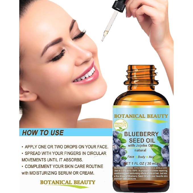 Botanical Beauty BLUEBERRY SEED OIL Virgin Unrefined Cold-Pressed Carrier Oil 0.5 Fl.oz.- 15 ml for Face, Dry Skin, Body, Hair, Nails, Anti-Aging Moisturizer
