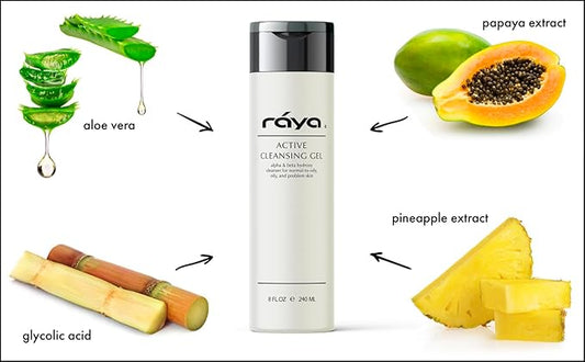 Raya Active Facial Cleansing Gel (G-107), Oil Control Cleanser with AHA and BHA, Deep Pore Gel for Oily and Break-Out Skin, Gentle Face Wash for Women and Men, Suitable for Daily Use, 8oz or 16oz btl