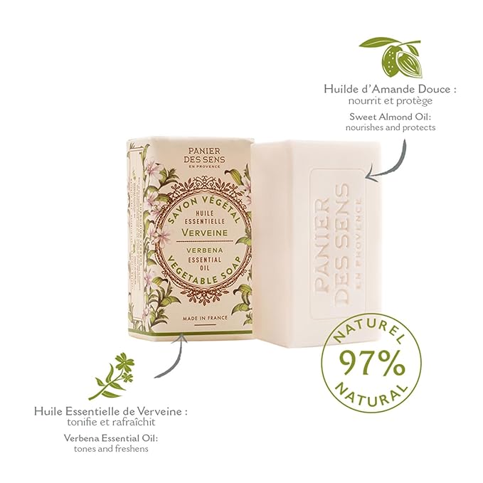 Panier des Sens - Verbena Bar Soap - Moisturizing Gentle Scented Soap Bar - Natural Soap with Sweet Almond - 97% Natural Ingredients Made in France - Vegan Friendly - Body & Hand Soap Bars 2x5.3 oz