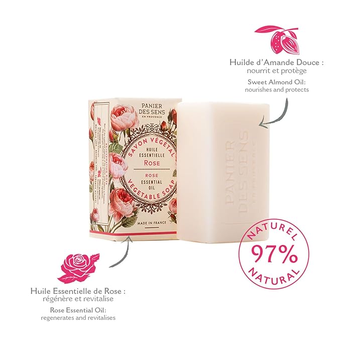 Panier des Sens - Rose Bar Soap - Moisturizing Gentle Scented Soap Bar - Natural Soap with Sweet Almond - 97% Natural Ingredients Made in France - Vegan Friendly - Body & Hand Soap Bars 2x5.3 oz