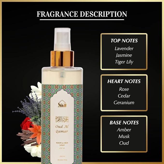 Oud al Qamar Arabic Room Spray by Dukhni | 250ml Oud fragrance Air Freshener, Attar al Faraash for home & prayer mats | Bed linen, Sofa Mist, natural home scent, curtain spray, odour eliminator