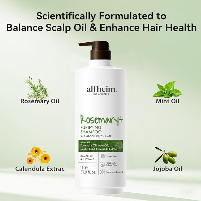 ALFHEIM Rosemary+ Purifying Shampoo | Rosemary, Mint & Jojoba Oil Infused | Gentle Cleansing While Balancing for Oily Scalp & Removing Build-Up | Sulfate-Free & Paraben-Free | 33.8 fl oz