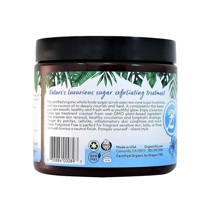 Whole Body Scrub - Infused with Coconut Oil, Exfoliating Sugar Scrub for Smooth and Soft Skin, Exfoliates & Restores Skin's Natural Biosphere, Fragrance Free 20 oz