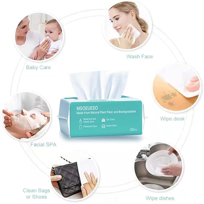 Soft Dry Wipes Cotton Facial Tissues, 600 Count Disposable Face Towels, Cotton Face Towel for Sensitive Skin, Facial Cleansing, Makeup Removing, Surface Cleaning