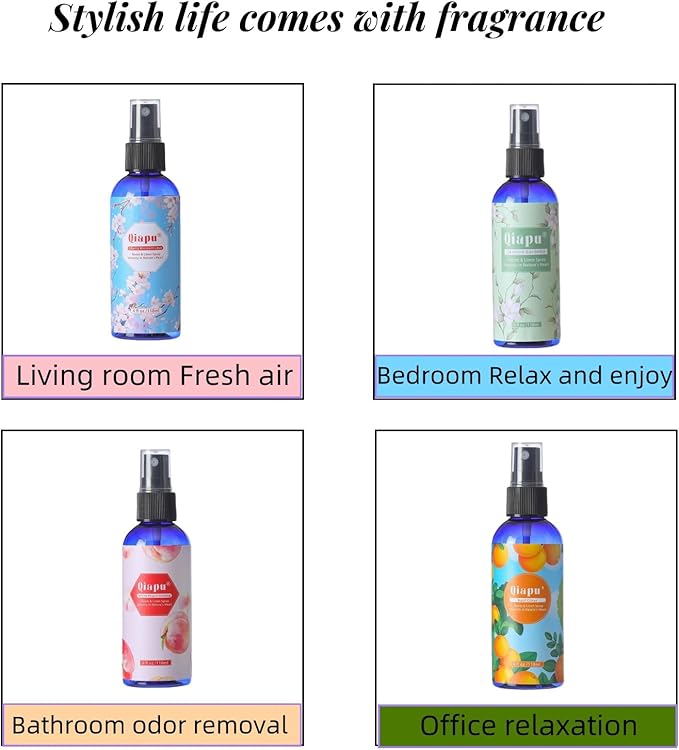 Natural Bedroom Linen Spray Scented Room Mist with Plant Extracts Long Lasting Freshness for Sheets, Pillows & Curtains – 4oz 4Bottle(Cherry Blossom + Citrus + White Peach + Gardenia)