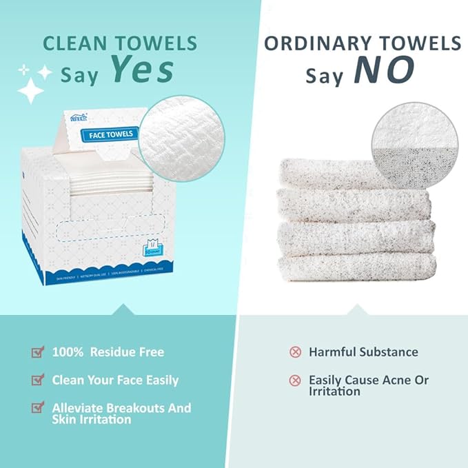 HOMEXCEL Face Towels, Disposable Face Towelette, Biodegradable Makeup Remover Dry Wipes 50 Count, Super Soft Clean Facial Towels Wash Cloth for Sensitive Skin