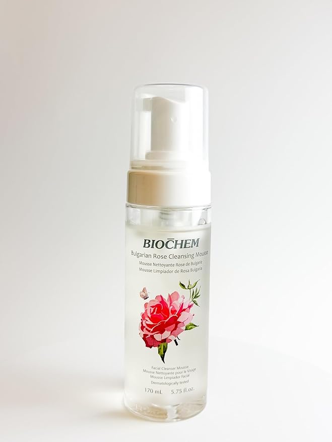 BIOCHEM Bulgarian Rose Foaming Face Wash, 3-in-1 Cleanser Mousse with Rose Oil, Vitamin C & Hyaluronic Acid, Hydrating Gentle Daily Cleanser for All Skin Types, Cruelty-Free (5.75 fl oz / 170 mL)