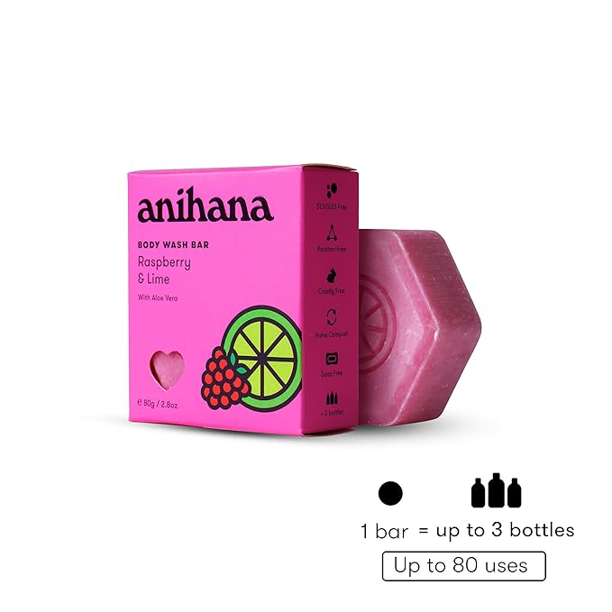 ANIHANA Body Wash Bar with Coconut Oil and Aloe Vera, Soap Free, Moisturizing, Gentle, Soft Skin Care, Refreshing Raspberry & Lime Scent 2.8 Oz