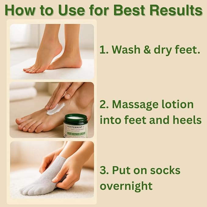 Peppermint, Rosemary, Eucalyptus & Tea Tree Oil Foot Cream for Dry Feet, Cracked Heels, Calluses, Athlete's Foot - Heel Repair Cream for Women & Men (8 oz)