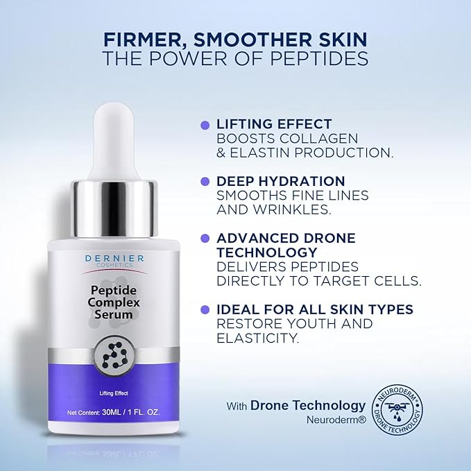 Dernier Peptide Serum for Face 5% - Powerful Multi-Peptide with Hyaluronic Acid Serum Skin Hydrating Brightening Dark Spot Treatment Anti-Aging Reduces Fine Lines & Wrinkles Antioxidant Glow (1 fl oz)