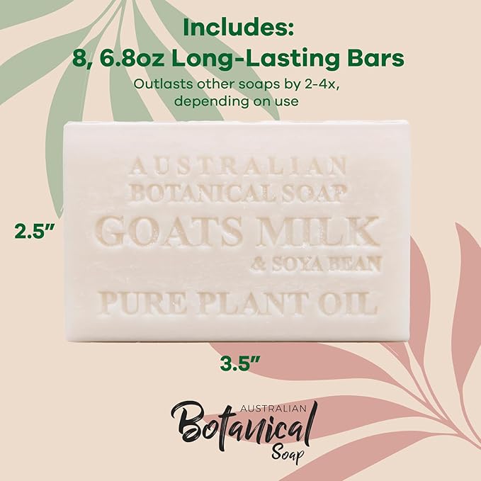 Australian Botanical Soap 6.6 OZ, Pack of 8, Goat Milk Soap Bars with Soya Bean Oil, Enriched with Organic Shea Butter, Suitable for All Skin Types, Packaging May Vary
